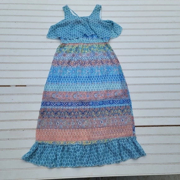 Zunie Girl Paisley Floral Maxi Ruffled Sleeve Long Dress Aqua Blue Peach Pink 12 - Picture 1 of 11